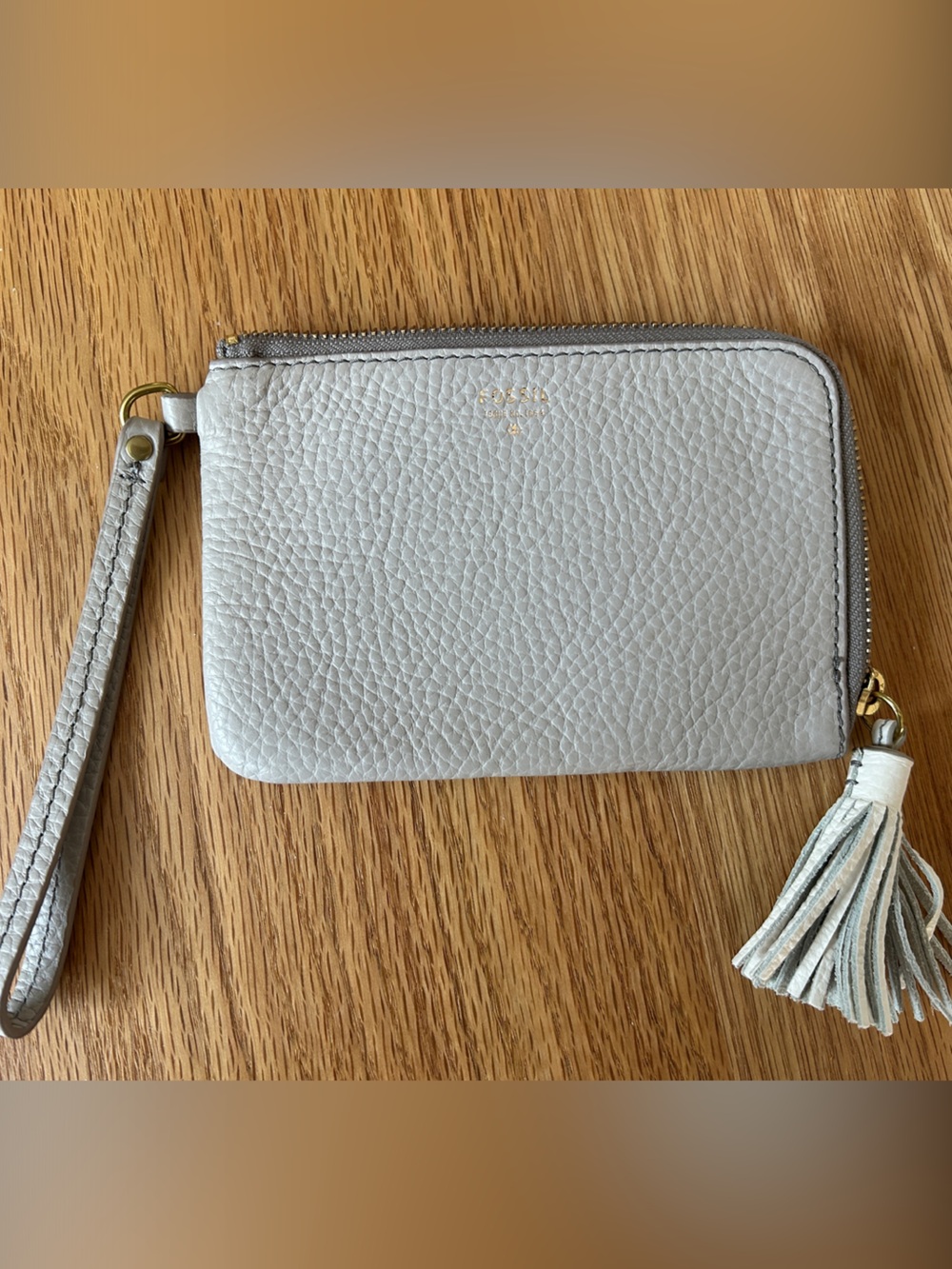 Fossil Light Gray Pebbled Leather Wristlet with Tassel